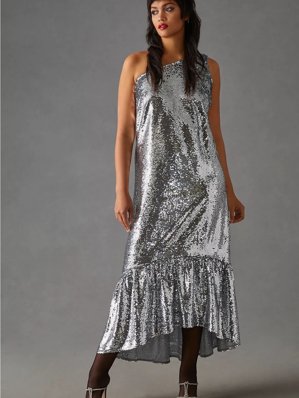 Anthropologie Maeve Silver Sequin High-Low Slip Dress